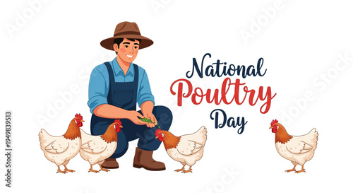 Illustration of a farmer sitting with chickens on National Poultry Day, promoting poultry farming concept with vector design elements.