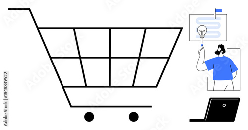E-commerce, online shopping, digital marketplace, virtual cart, customer experience, product selection, innovation. Large shopping cart icon with a person providing assistance. E-commerce