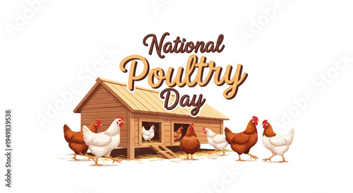Vector illustration of chickens and a coop on National Poultry Day with a design celebrating the poultry farming concept and industry.