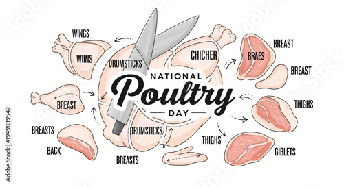Illustration of various poultry cuts and chicken parts for National Poultry Day, with labeled meat sections and a knife, on a clean white background.