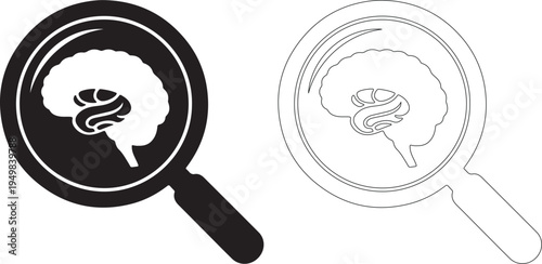 Black Human Brain Under Magnifying Glass Icon. Vector Isolated Graphic. isolated PNG with Transparent Background