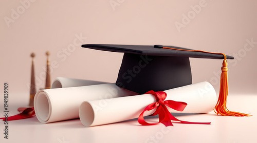 Black graduation cap and two rolled diplomas with red ribbons, symbolizing academic achievement and success.