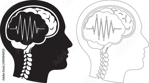 Human Head Silhouette and Outline with Brain Activity Waveform Vector Icon isolated PNG with Transparent Background