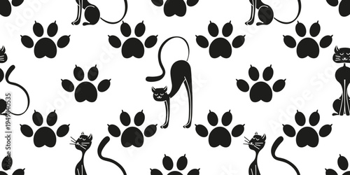 Animal seamless pattern design. Vector Cat Paw silhouette with elegant black Cat. Perfect kids bedroom wallpaper textile bed linen print design. EPS 10