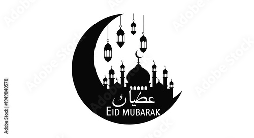 A striking black silhouette of a crescent moon with a mosque and lanterns celebrating eid mubarak silhouette