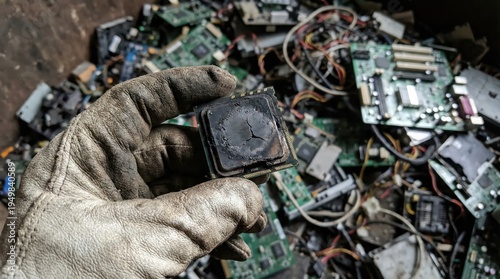 Worker holding damaged processor chip over electronic waste heap for recycling awareness and industrial repair banner background