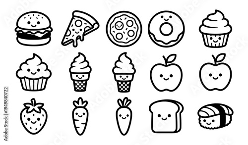 Cute food cartoon icon set kawaii snack characters vector collection black and white