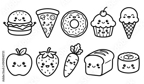 Adorable cute food characters icon set cartoon snack vector illustration black and white