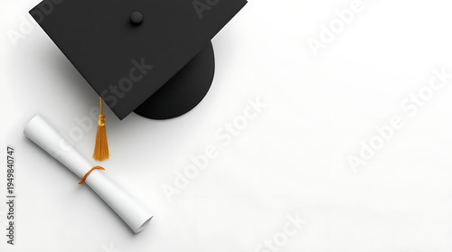 Top-down view of a black graduation cap with a gold tassel and a rolled diploma on a clean white background, symbolizing academic achievement.