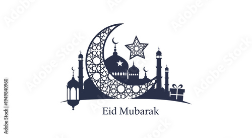 A detailed islamic crescent moon and cityscape illustration with gifts representing eid mubarak silhouette high quality