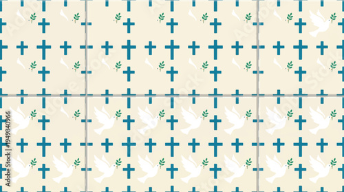 Seamless Vector Pattern with Teal Crosses, White Doves, and Green Olive Branches on a Light Beige Background, Ideal for Religious and Spiritual Designs