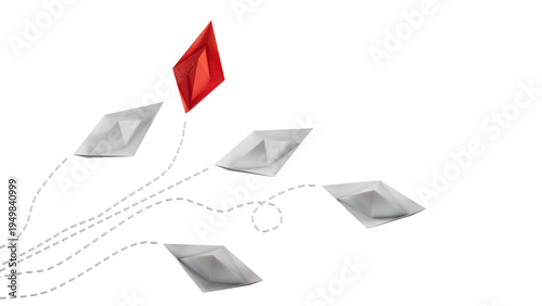 Red paper boat are different from others on blue background. Think different. Business for innovative, solution concepts.Supports PNG files with transparent backgrounds.