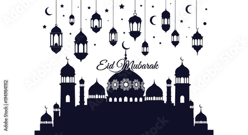 An eid mubarak greeting featuring a dark cityscape and celestial elements a striking silhouette high quality