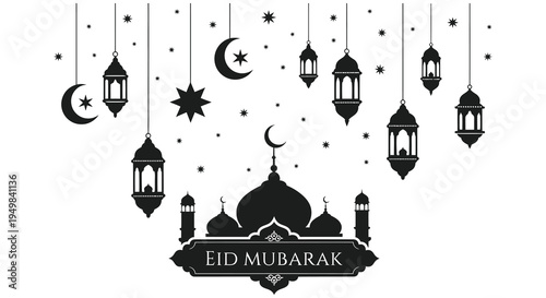Elegant eid mubarak decoration featuring lanterns crescents and a mosque in black silhouette high quality professional