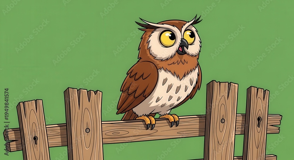 Fototapeta premium Cute Cartoon Owl Sitting on a Wooden Fence with Bright Eyes
