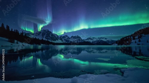 Aurora borealis over snowy mountains and lake at night