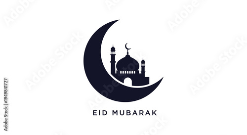 A dark silhouette of a crescent moon mosque and minarets with eid mubarak text silhouette