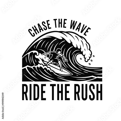 Surfer riding a massive wave, chasing the thrill of the ocean.