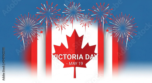 Victoria day celebration with fireworks and maple leaf on canadian flag colors background
