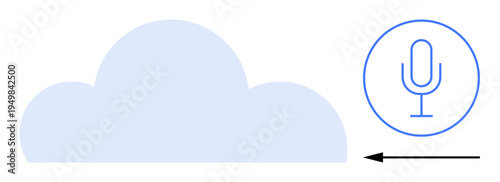 Cloud technology. Cloud storage and voice interaction indicated by a microphone icon and data transfer arrow. Cloud technology for audio data storage, voice uploading, and modern communication