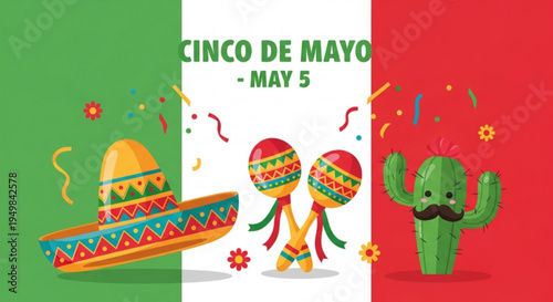 Vibrant cinco de mayo celebration background with sombrero piatas and cactus in mexican flag colors