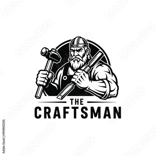 The Craftsman - A muscular man holding tools, ready for work, in a black and white logo.