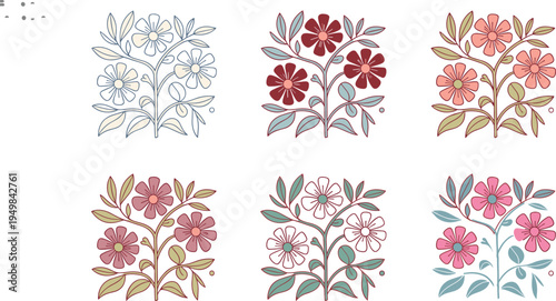 Stylized floral illustration set, colorful flower design variations, modern botanical artwork, decorative plant motifs, abstract nature clipart, vector art collection
