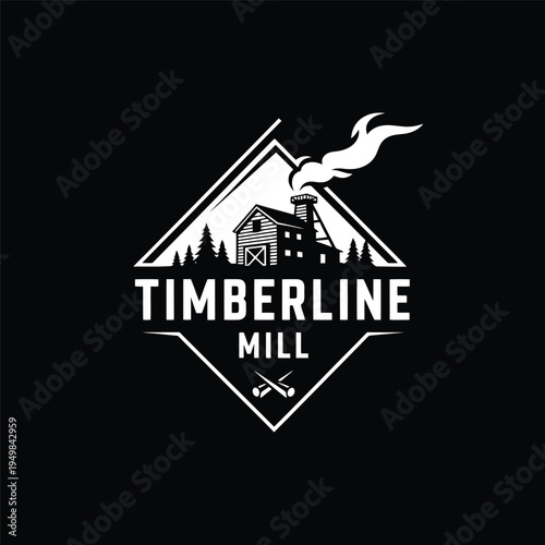 Timberline Mill Logo - A Detailed Black and White Emblem of Industry.