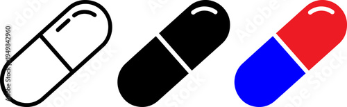 Three differently colored capsule pills displayed side by side in monochrome and bicolor designs