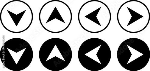 Contrasting arrow symbols in white and black circular backgrounds with filled and unfilled designs