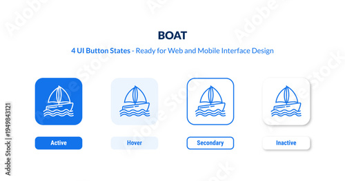 boat 4-state UI button. Outline icon kit from camping collection. Thin linear boat, travel, holiday editable vector. Minimal boat sign for web and mobile interface