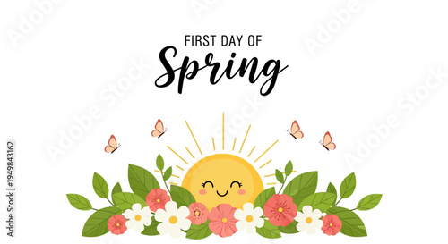 Illustration of a smiling sun surrounded by blooming flowers and butterflies on the first day of spring with a springtime concept and floral background.
