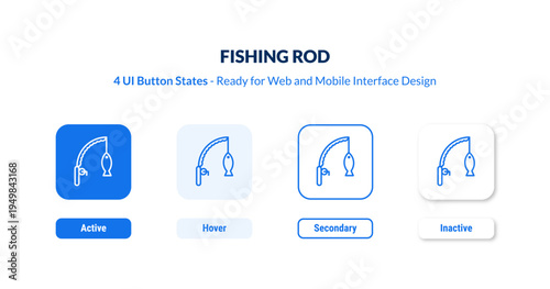fishing rod 4-state UI button. Outline icon kit from camping collection. Thin linear fishing rod, hook, fish editable vector. Minimal fishing rod sign for web and mobile interface