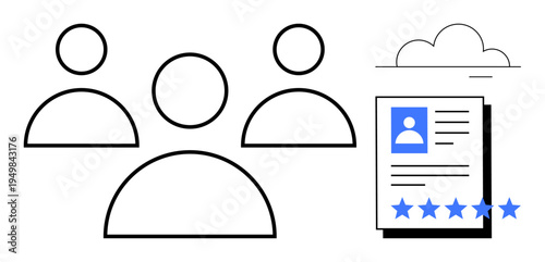 Group of human icons next to a resume featuring a star rating system and cloud storage symbol. Ideal for recruitment, hiring, HR, online profiles, digital resumes, performance evaluation, data