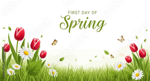 A vibrant illustration of blooming flowers and green grass celebrating the first day of spring with a fresh landscape and floral background.