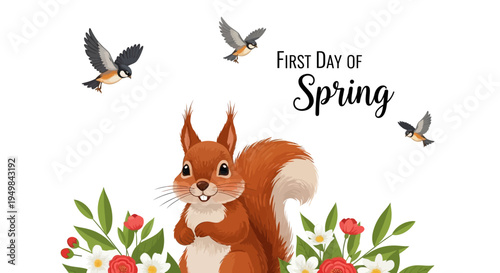 A cheerful cartoon squirrel standing amidst blooming flowers and leaves with birds flying above, celebrating the first day of spring in a colorful illustration with a fresh spring landscape