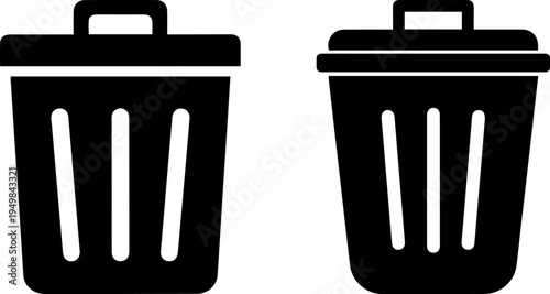 Two trash bins with lids and handles shown side by side in black and white