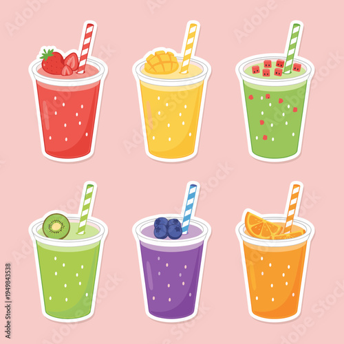 Refreshing fruit smoothies and juice cups stickers set with strawberry mango kiwi blueberry orange and watermelon flavors healthy cold drinks collection