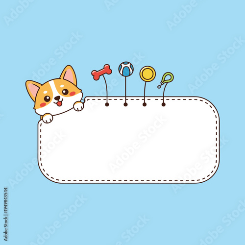 Cute corgi dog peeking behind blank white board frame with pet toy icons including bone ball collar and leash blue background vector template design