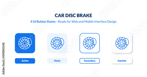 car disc brake 4-state UI button. Outline icon kit from car parts collection. Thin linear car disc brake, car, wheel editable vector. Minimal car disc brake sign for web and mobile interface