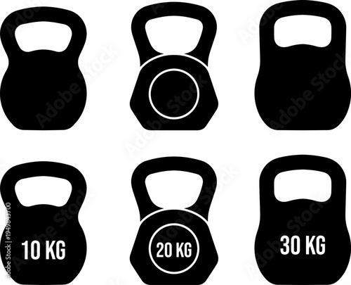 Variations of kettlebells with different weight labels shown in black and white