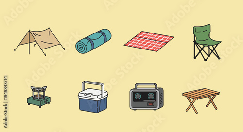 Minimalist 2D vector flat icon set of outdoor camping equipment including tent sleeping mat picnic blanket chair stove cooler power station and table