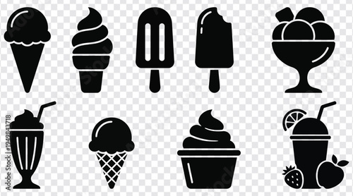Collection of diverse black ice cream and beverage icons in various shapes and forms isolated on a transparent background