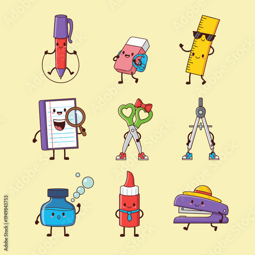 Adorable kawaii school stationery character set with anthropomorphic pen eraser ruler notebook scissors compass ink glue and stapler for education