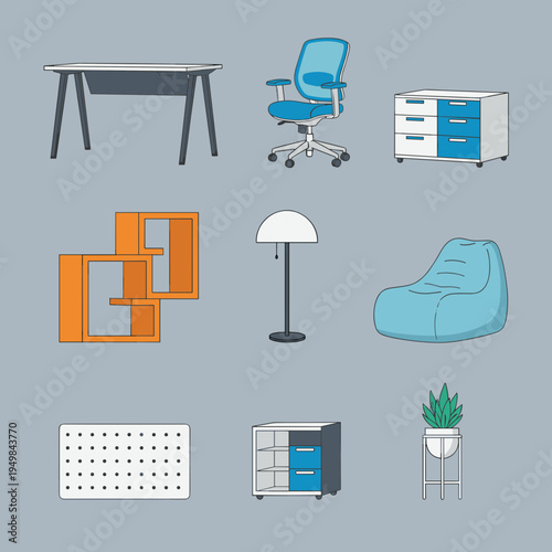 Modern home office furniture and workspace organization set featuring desk ergonomic chair storage cabinet shelves lamp beanbag and pegboard