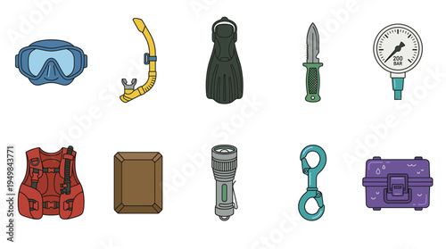 Professional scuba diving and snorkeling equipment icon set including mask snorkel fins knife pressure gauge vest flashlight and waterproof case