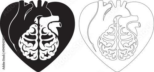 Black and White Anatomical Heart and Brain Inside Heart Shape Vector Icon isolated PNG with Transparent Background