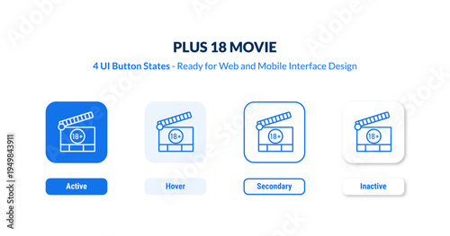 plus 18 movie UI button states set. Outline icon kit from cinema collection. Thin linear plus 18 movie, movie, year editable vector. Line vector plus 18 movie sign for web and mobile interface