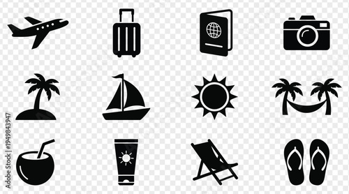 A Collection of Vacation and Travel Related Icons Including an Airplane Suitcase Passport Camera and Beach Accessories