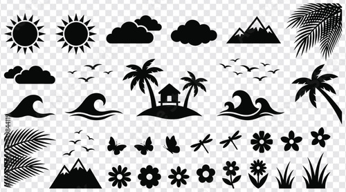 Collection of stylized tropical island vacation symbols including sun clouds mountains waves palm trees butterflies and flowers isolated on transparent background